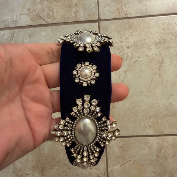 Blue Velvet Pearl Rhinestone Embellished Headband | Statement Hair Accessory - Picture 3 of 7